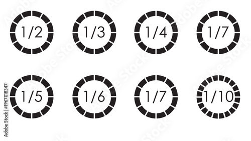 Fractions icons set with numbers and segmented circular progress bars in black and white isolated on a white background.