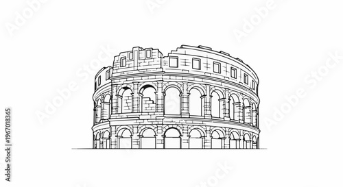 Detailed black and white line drawing of an ancient amphitheater's exterior