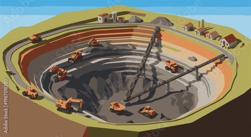 Aerial view of an open-pit mine with excavators and dump trucks