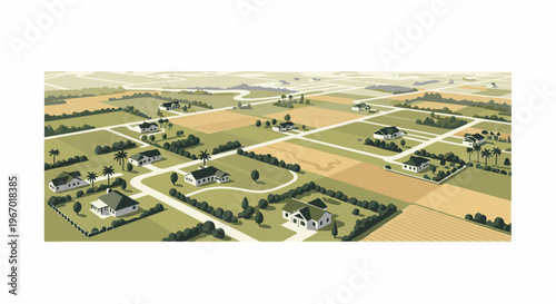 Aerial view of a suburban development with scattered houses and fields