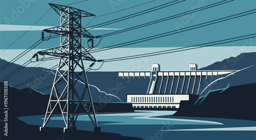 Power lines cross a landscape with a dam and reservoir