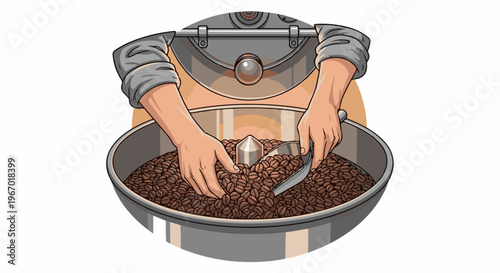 Hands roastery worker sorting coffee beans in a cooling tray