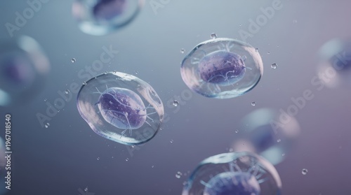 Microscopic view of translucent cells with purple nuclei floating in a fluid, highlighting cellular structure and biological detail.