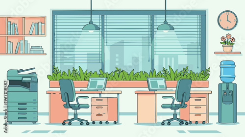 Modern office interior with two desks, laptops, printer, and water cooler