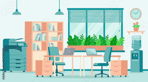 Modern Office Interior with Workstations, Bookshelf, and Plants