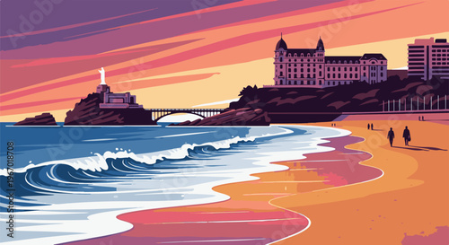 Stylized pixel art of a coastal city with a statue on a rocky outcrop at sunset