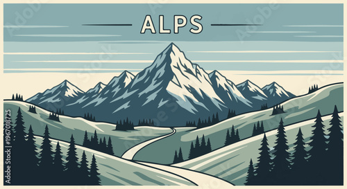 Stylized mountain range under a striped sky, evoking a sense of adventure