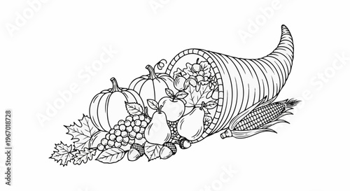 Abundant cornucopia overflowing with fruits, vegetables, and autumn leaves
