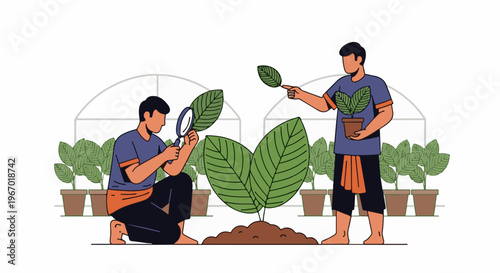 Scientists study plants in a greenhouse, one using a magnifying glass