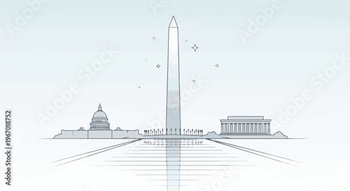 Stylized sketch of national monuments reflecting in water