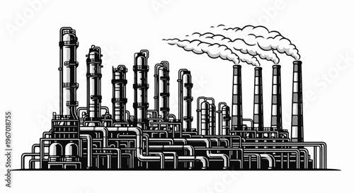 Industrial factory with smoke stacks emitting thick clouds
