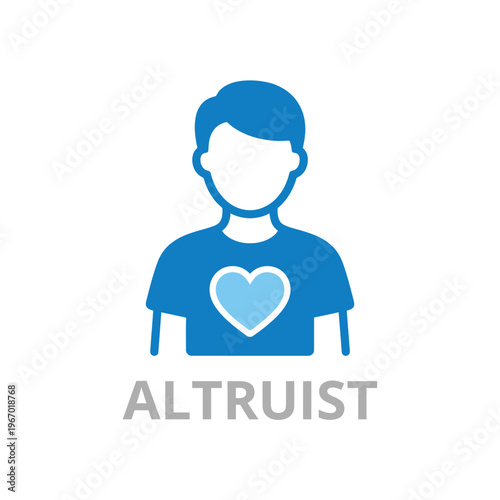 Vector graphic illustration Of a blue altruist person with heart on t shirt and altruism concept