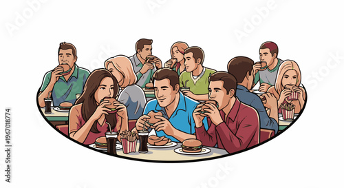 Diverse group of people enjoying burgers and fries at a casual dining establishment