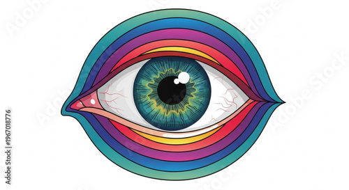 Vibrant eye illustration with a radiant rainbow spectrum, symbolizing expanded consciousness, deep insight, and intuitive perception for spiritual awakening