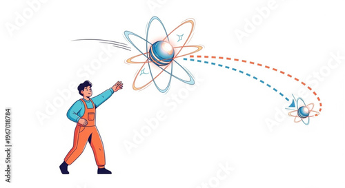 Illustration of a person throwing a model atom, representing scientific exploration and discovery