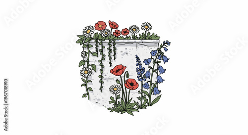 A white stone planter overflows with a vibrant assortment of wildflowers
