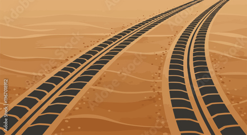 Tire tracks imprinted on undulating sandy terrain