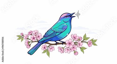 A vibrant blue and green bird perches on a branch adorned with pink blossoms