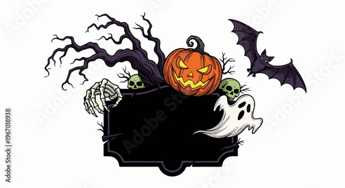 Spooky Halloween scene with pumpkin, skeleton hand, bat, ghosts, and skulls