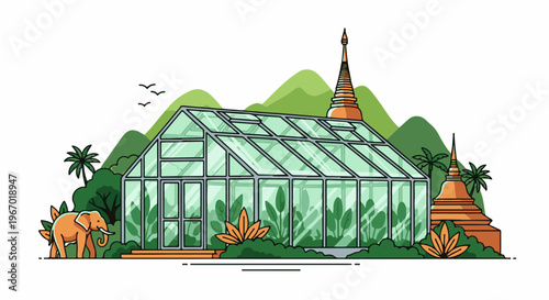 Tropical greenhouse with an elephant, stupas, and lush vegetation