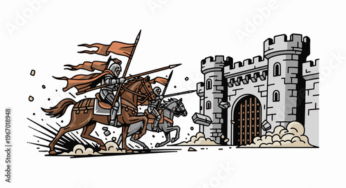 Knights charge horses with lances toward a stone castle gate
