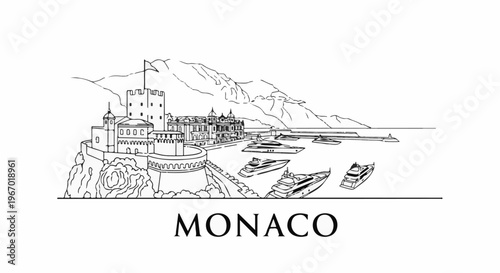 Line art sketch of a harbor with yachts and a castle on a cliff