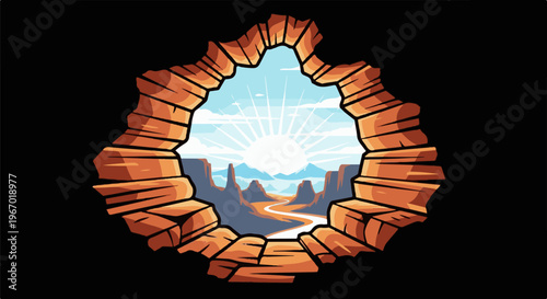 Sunlit canyon vista seen through jagged rock formation