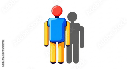 A stylized, colorful, and simplified figure of a person in blue and yellow, casting a shadow, presented against a plain white background, with a red circle for a head