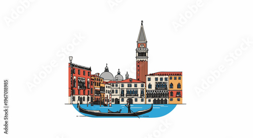 Stylized illustration of Venetian canal with gondola, buildings, and bell tower