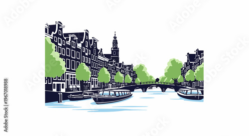Stylized canal scene with boats, bridges, and historic buildings