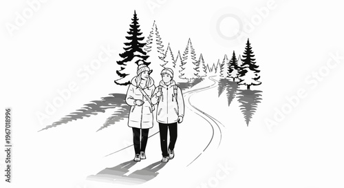 Two people walking on a snowy path through a winter forest