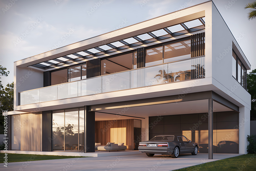 Obraz premium Modern house with balcony and car in garage at sunset