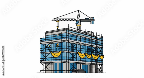 Modern building under construction with crane and workers