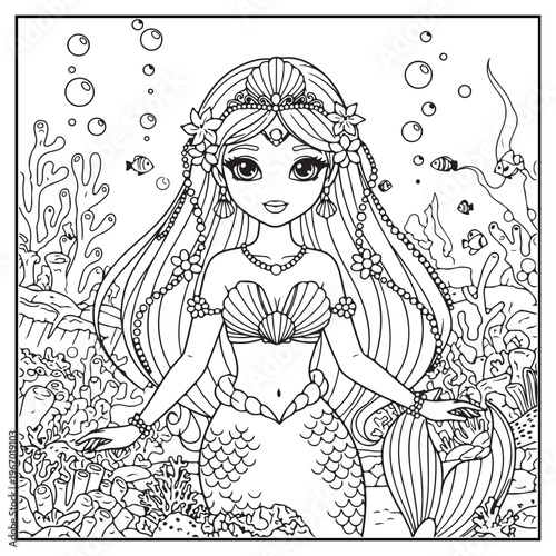 A beautiful mermaid with long flowing hair surrounded by underwater plants and bubbles