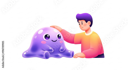 A young boy lovingly pats a cute purple cartoon octopus on the head with a gentle smile
