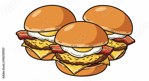 Three cartoon breakfast sandwiches with bacon, egg, and cheese