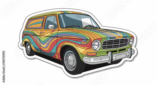 A vintage vehicle is decorated with colorful, wavy stripes in a psychedelic pattern