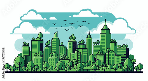 Green city skyline with trees and clouds under a blue sky