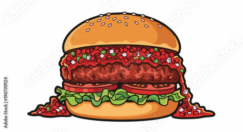A vibrant, stylized illustration of a fully loaded hamburger with toppings