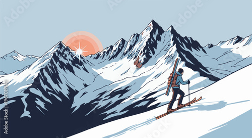 A solo skier ascends a snow-covered mountain under a bright sun