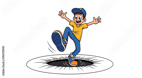Energetic young boy having fun jumping on a trampoline with a circular hole in the middle, symbolizing adventure and joy