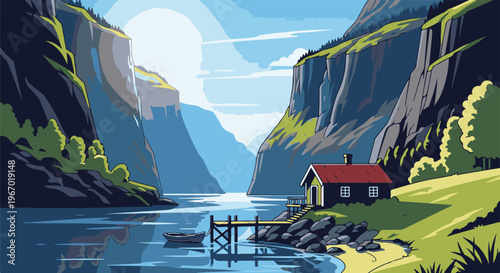 A small house sits by a serene bay, nestled between imposing, green-capped cliffs