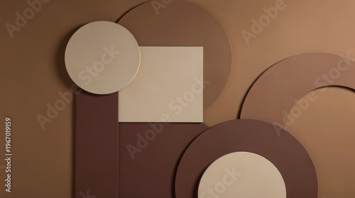 Abstract geometric composition with overlapping circles and rectangles in warm brown and beige tones creating a modern minimalist visual.