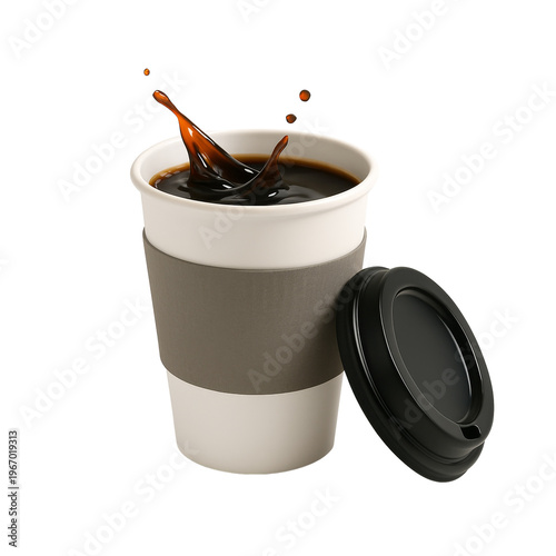 Dynamic coffee splash in a white disposable cup with black lid