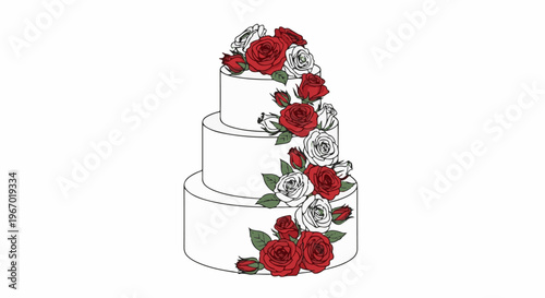 A three-tiered white cake adorned with a cascade of red and white roses