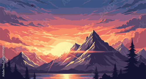 Pixel art mountain range at sunset with vibrant clouds over a lake