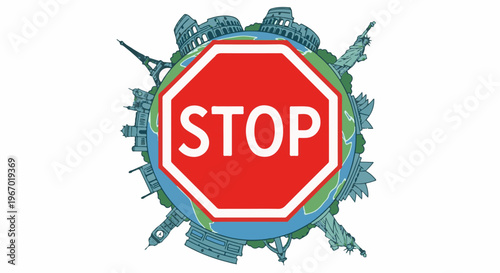 A globe with iconic landmarks and a red stop sign in the center