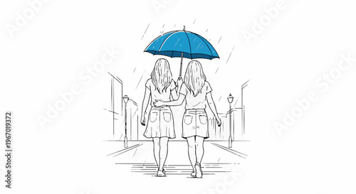 Two women walk arm in arm under a blue umbrella on a rainy city street