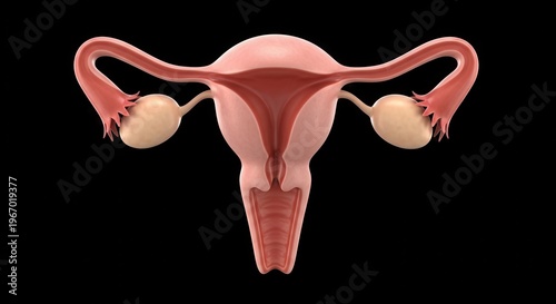Detailed 3D rendering of the female reproductive system showing uterus, fallopian tubes, and ovaries on a black background, essential for medical education.