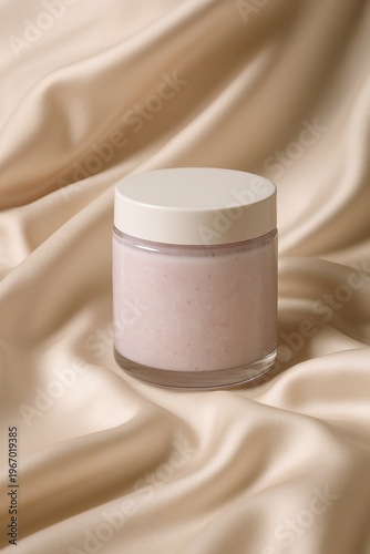 Pink cosmetic cream jar on elegant beige silk fabric for beauty and skincare.